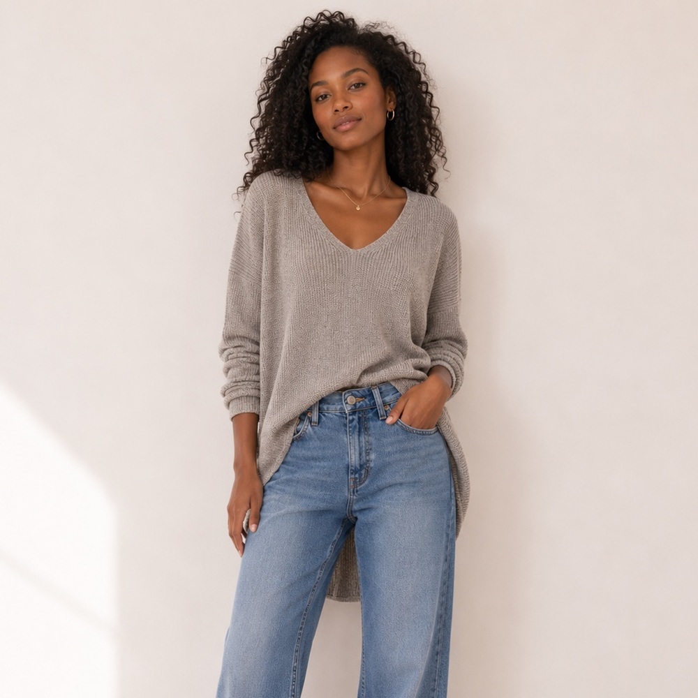 Express Taupe Oversized V-Neck High Low Tunic Sweater | Size S